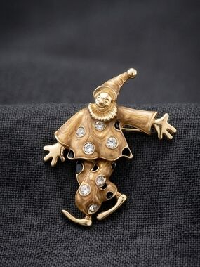 Vintage Gold-Tone Clown Brooch with Clear Rhinestones